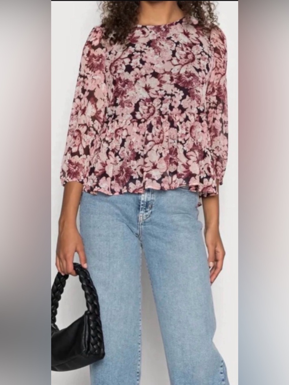 ONLY 3/4 Sleeve Floral Print Peplum Blouse in Pink & Black Size Small